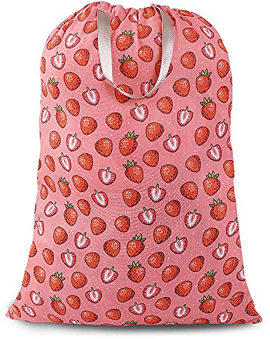 Sanlykate Extra Large Laundry Bag with Drawstring Closure and Handle, 28 x 40 Inch Heavy Duty Travel Dirty Clothes Bag for Laundromat and Household, Pink Strawberry