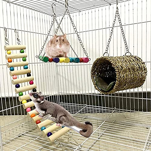 Leeko Hamster Kauspielzeug, 3 Stück hängende Hängematte, Kletterleiter, Nestschaukel, Hängebrücke Hängen Spielzeug Käfigspielzeug kleintierspielzeug für Hamster, Papageien, Kleintiere