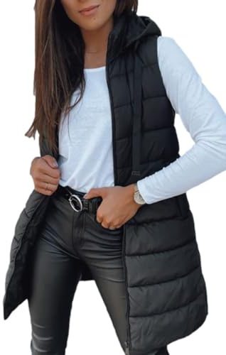 Veatzaer Women Long Vest Solid Color Sleeveless Hood Winter Puffer Vest Outwear