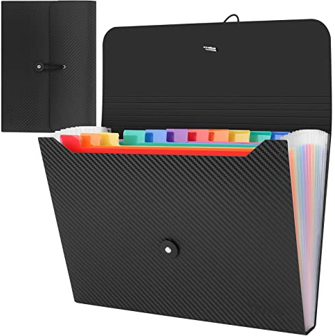 Uquelic Trieur 13 Compartiments | Lot de 2 Pièces | Extensible Pochettes pour Documents, Rangement Papier Administratif Accordéon Organiseur de Dossiers de Fichiers (Sergé Noir)