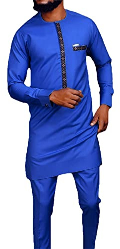 MANYMANY Abito da Uomo a 2 Pezzi Abito da Uomo Africano Abito Tradizionale Camicia a Maniche Lunghe e Pantaloni tribali Abito da Uomo Ankara Set di Abbigliamento