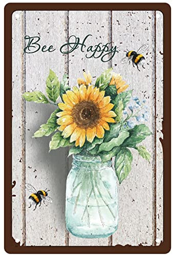 CREATCABIN Bee Happy Metal Tin Sign Sunflower Tin Sign Flower Vase Metal Wall Decor Vintage Iron Painting Retro Plaque Poster for Home Bedroom Living Room Garden Yard Indoor Outdoor 12 x 8 Inch