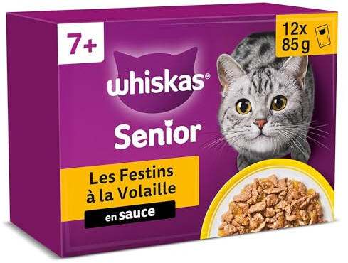 WHISKAS Repas pour Chat Senior - 48 Sachets Fraîcheur (Lot de 4 Packs variétés 12x85g) - Festins à la Volaille - Pâtée en Sauce – Nourriture Humide Complète pour une Bonne Vitalité