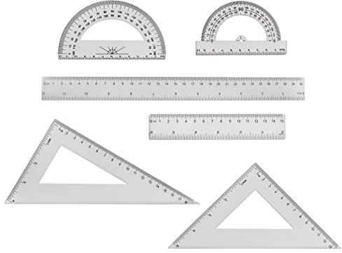 LGEGE Set di strumenti geometrici per matematica 18 pezzi,goniometro da 10/12 cm,righello triangolare da 15/23cm,righello dritto da 15/30 cm,strumento di misurazione trasparente in plastica per scuola