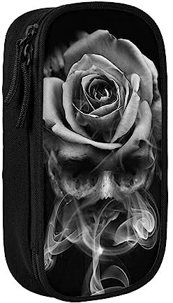 VGFJHNDF Federmappe mit Feuer-Totenkopf-Rose, Stifteetui für Büro, Uni, Schule, Erwachsene, Teenager, Mädchen, Jungen, Schwarz, Schwarz , Einheitsgröße, Make-up-Tasche