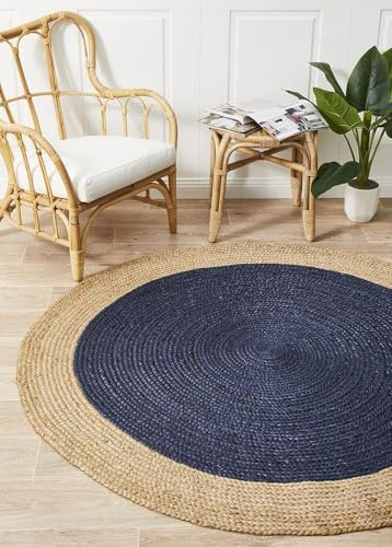 Avgari Creation Runder Teppich, handgewebte Jute, natürlich, langlebig, Flurteppich, Läufer perfekt für Wohnzimmer, Schlafzimmer, Esszimmer, Küche, Dekorteppich (blau)