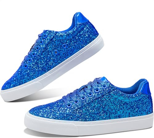 Jeekopeg Glitter Sparkly Fashion Sneakers Shoes Shiny Casual Shoes Bling Sequin Concert Low Cut Lace up Shoes(Royal Blue Glitter,9 Women/7.5Men)