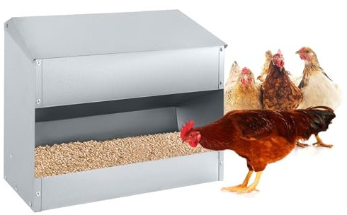 TRMLBE Futterautomat Hühner Futterspender aus Edelstahl 15kg Hühnerfutter Automat Hängend Futtertrog Hühnertrog mit Deckel Hühnerfutterautomat für Geflügel