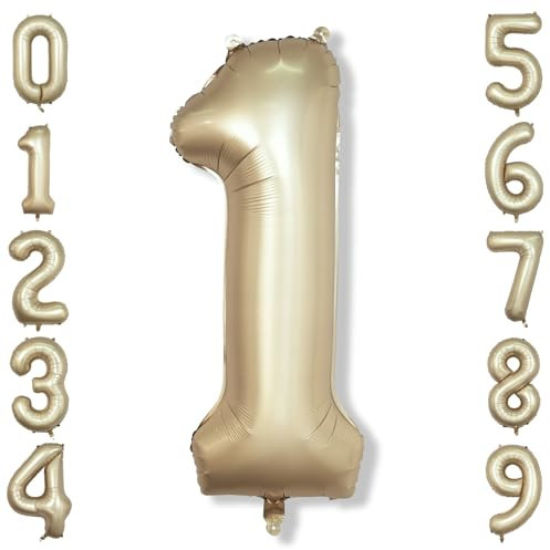 40 Inch Gold Number 1 Balloon for 1st Birthday Decoration, Metallic Light Gold Mylar Foil Number Balloons 0-9 for Boys Girls, Champagne One Helium Balloons for Women Men 1st Anniversary Party Supplies