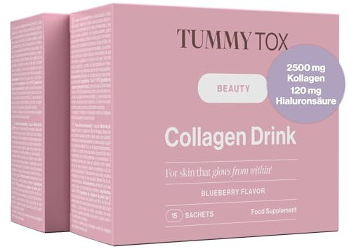 Collagene Marino con Acido Ialuronico e Vitamina C. 2500 mg di Collagene Marino Idrolizzato di Tipo I, Scorta per 30 Giorni, Gusto Mirtillo, Tummy Tox