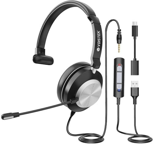 Voistek USB Headset with Microphone for PC, Wired Work Headset (One Ear) Computer Headphones with Noise Cancelling Mic, Mute, Volume Controls for Office Call Center Home Work Skype Zoom Team Meetings