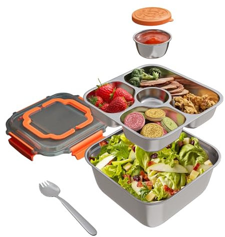OCPO Kitchen 1900ml Boîte à Bento en Acier Inoxydable, Boîte Bento sans BPA, Lunch Box avec Compartiment de Subdivision, Boîtes Lunch Salade Anti Fuite pour Voyages École Travail Pique-Nique (Orange)