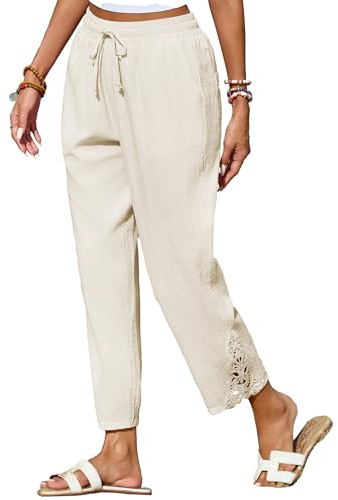 Famulily Womens Cotton Trousers Summer Lightweight Relaxed Straight Fit Drawstring Elastic Waist Beach Pants with 4 Pockets (L, Beige)