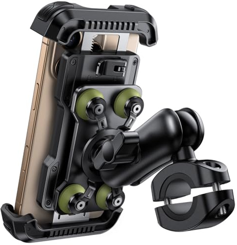 Lamicall Soporte Móvil Moto - [Doble Antivibración] Brazo Extensible Metálico, Soporte Móvil Bicicleta Antirrobo, 2 x 360° Giratorio Soporte de Manillar, para iPhone 17 16 y 4,7-6,8 Smartphone, Verde