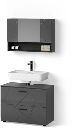 Livinity Conjunto de Muebles de baño Ronco, Antracita Alto Brillo, 2 Partes, Armario bajo 80 cm