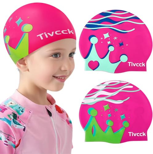 Tivcck 2 Pcs Kids Swim Cap,Silicone Swimming Cap for Girls Boys Teens Toddler,Kids Swim Caps for Girls,Waterproof Bathing Caps Keep Hair Dry,Fun Swimming Hat for Long and Short Hair