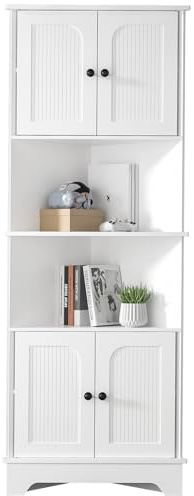 Skokliz 173CM Tall Corner Cabinet, Slim Freestanding Bookcase Corner Shelf with Adjustable Shelves, Narrow Bathroom Cabinet with 4 Doors and 6 Storage Shelves, Floor Cabinet for Kitchen