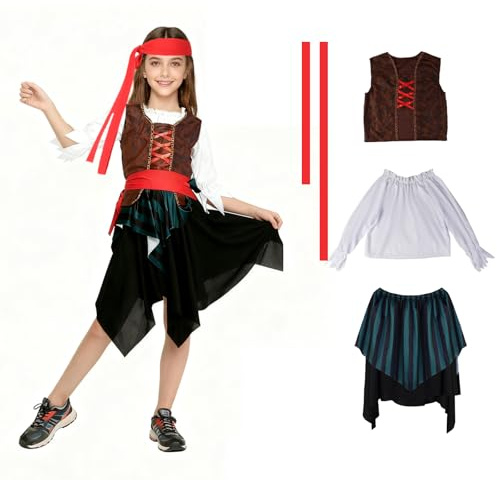 Kinwers Piratdräkt för barn, 5 stycken innehåller toppar, jackor, kjolar, huvuddukar och bälte, för halloween flickor