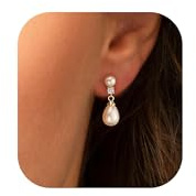 PRTGL Pearl Earrings - Dainty 14K Gold Plated Double Pearl Cubic Zirconia Drop Wedding Earrings for Women Bridal Bridesmaid Jewellery