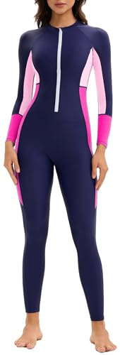 Ausing Costume da bagno integrale da donna Rashguard Tuta da donna, costume da bagno intero sport acquatici Surfing EU XS-3XL=Tag S-4XL, Blu Rosa, L