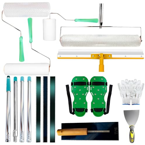 Spiked Roller for Self Leveling, Epoxy Roller Kit with Spiked Roller with Splash Guard Spike Shoes, Paint Roller, Trowel, Scraper, Leveling Rake & Extension Pole for Decoration and Concrete