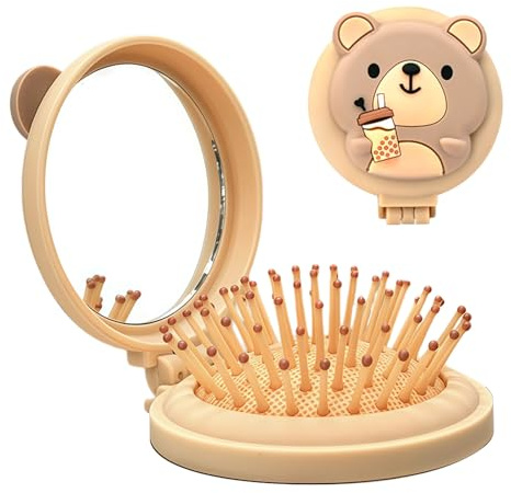 Muorruo Mini-brosse à cheveux de voyage pour enfants, miroir rond pliant et petite brosse pour garçons et filles, brosse démêlante pour bébé, brosse de massage à coussin d'air pour cheveux épais