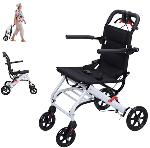 Sedie a rotelle per adulti, sedia a rotelle portatile da viaggio, pieghevole, leggera, per anziani, telaio in alluminio, sedia a rotelle stretta per porta con cintura di sicurezza (bianco)