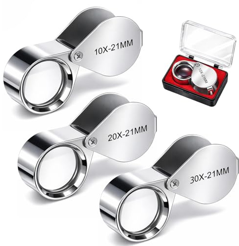 SHENLIU 3 lenti di ingrandimento da gioielliere, 10X, 20X, 30X, pieghevole, in acciaio inox, per monete, diamanti, gioielli, francobolli (argento)