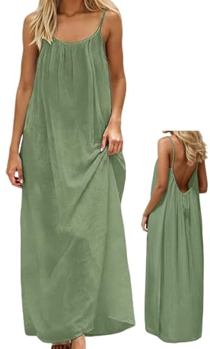 makabaky Robe Cami Dos Nu avec Bretelles Spaghetti-Maxi Robe d'Été Confortable pour Plage, Vacances & Lounge-Robe Longue Légère pour Femme