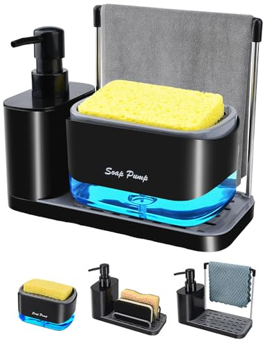 TOSUTO Jabonera Cocina 2 en 1,Dispensador de Jabón y Organizador Fregadero con Bandeja Antideslizante,Estante para Trapos,Soporte para Esponja y Dispensador,Ideal para Lavar Manos y Platos