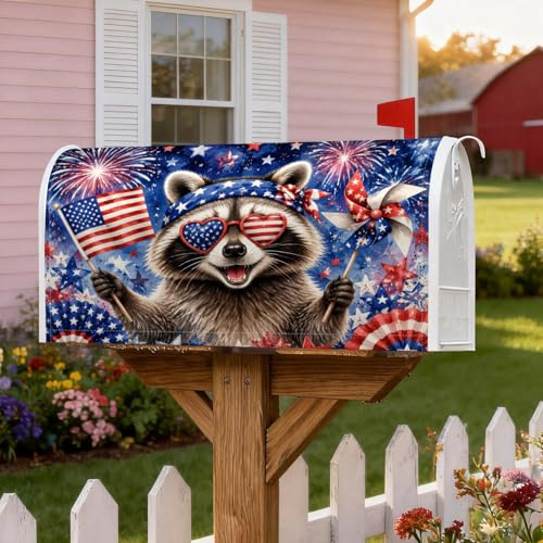 Raccoon - Coperture magnetiche per cassette postali, motivo bandiera patriottica americana, occhiali da sole e occhiali da sole, 45 x 53 cm, colore: blu