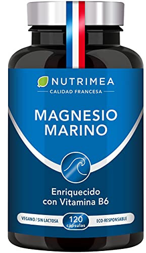 Magnesio Marino con Vitamina B6 | Alivio Calambres Cansancio Fatiga Potente Suplemento Articulaciones Huesos Piel Energía Deportistas | 120 cápsulas Cura de 4 Meses |Hasta 300mg/día