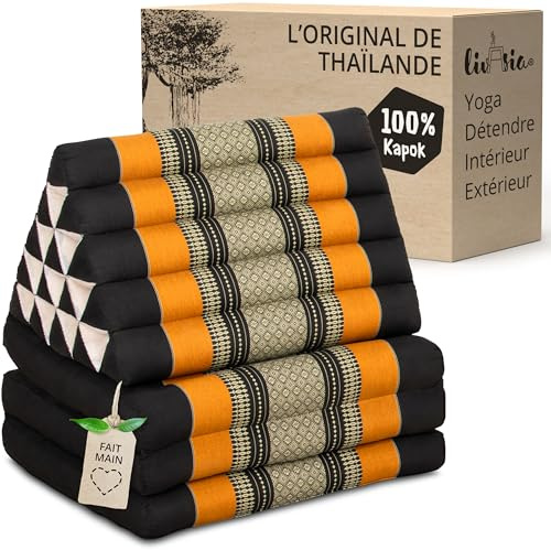 livasia Coussin thaï 3 Blocs Ultra Haut - 185x55x8cm - Triangle avec Matelas Pliable, Kapok, Soutien Dorsal Jumbo, Fait Main, Coussin de méditation (Noir/Orange)