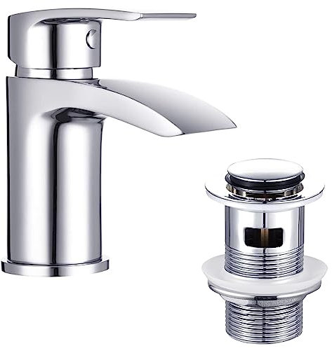 Funime Basin Taps Mixer Waterfall Bathroom Sink Tap Mixers Mono Chrome with Pop up Waste Brass Single Hole Monobloc with Hoses G1/2'' Modern Round