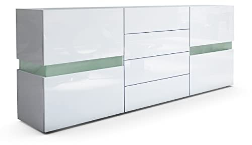 Vladon Sideboard Flow, Blanc Haute Brillance/Blanc Haute Brillance - Commode Moderne avec vitrage Ambient Light pour Votre Espace de Vie (177 x 75 x 39 cm)