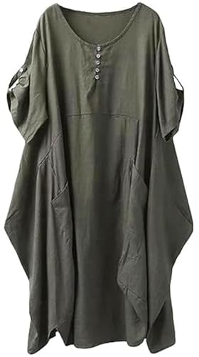 FTCayanz Vestito Donna Manica Corta Abito Tunica Midi Taglie Forti Abiti Lino Camicetta Verde Scuro XL