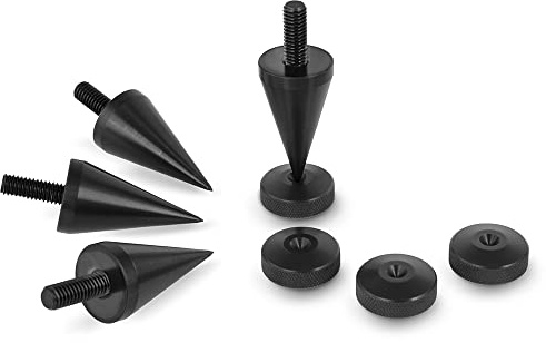 PrecisionGeek Svart anodiserad aluminium stor högtalare spikar och räfflade dynor M8 (20 mm diameter kon och dynor) – gör-det-själv-isolering för HiFi, soundbars och möbler