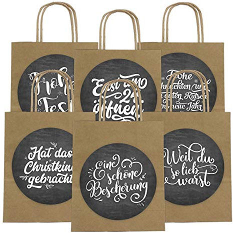 Lot de 6 sacs cadeaux de Noël 18 cm x 22,5 cm x 8 cm avec autocollants XXL – Emballage pratique pour cadeaux – Idéal pour offrir – Sac à anses Motif lettrage à la main