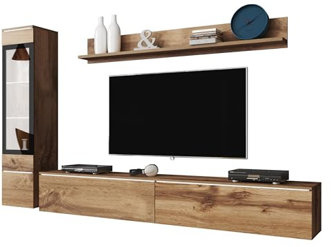 Mirjan24 Wohnwand Doppo I, Schrankwand, griffloses Öffnen, Fernsehschrank, Anbauwand, Mediawand, Wandregal, TV-Lowboard, Hängevitrine (Wotan/Wotan, mit weißer LED Beleuchtung)