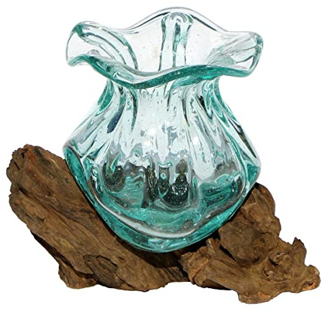 Presentidé dekoration lägenhet gamal rot trä glasvas teak handarbete vas Ø glas 10–11 cm kruka XS