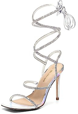 DREAM PAIRS Women's Sexy Rhinestone Lace Up Stiletto Heels,Silver,8.5