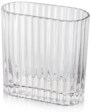 Oairse Clear Glass Vase for Flowers 17CM Ribbed Oblong Vases Decorative Flower Vase for Modern Living Room Dining Table Wedding Home Wedding Party Table Centerpiece