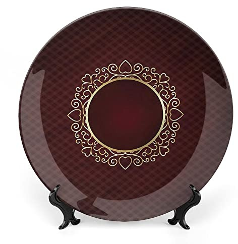 7 Inch Decorative Plate, Burgundy Porcelain Plate, Hearts Floral Swirls Retro Print Ceramic Wall Hanging for Fine Dining, Upscale Event, Dinner Party, Weddings, Catering, Christmas, Thankgiving