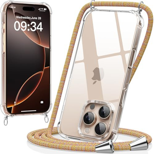 caslord Handyband kompatibel mit iPhone 16 Pro Max, Necklace Hülle mit Bands Handyhülle für zum Umhängen, Transparent Case mit Handykordel,Stoßfeste Schutzhülle zum Umhängen Kordel,Rainbow