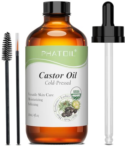 PHATOIL Organic Castor Oil 118ml, Cold Pressed & Pure - USDA Certified Organic, Hexane-Free Massage Oil for Hair Growth, Eyebrows, Eyelashes & Skin Moisturizing - Glass Bottle