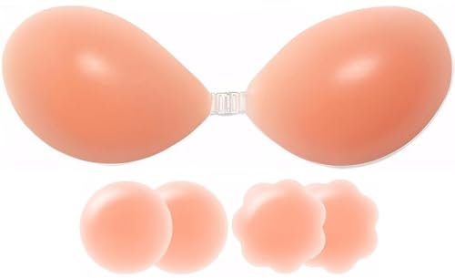 ANGELEMM Invisible Sticky Bra Push Up - Stick On Bras for Women, Reusable Women's Adhesive Bras, Strapless Backless Silicone Bra with 4 Nipple Covers for Party Dress (B Cup) Beige