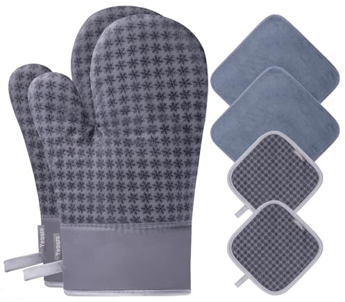 Yeqqzq Oven Mitts and Pot Holders 6pcs Set, Kitchen Oven Glove High Heat Resistant 500 Degree Extra Long Oven Mitts and Potholder with Non-Slip Silicone Surface for Cooking, Baking, BBQ (Grey)