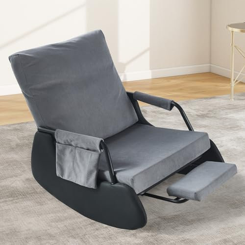 Schaukelstuhl Cord Schaukelsessel mit 4-Fach Verstellbare Rückenlehne, Schwingsessel Gepolsterter Relaxsessel mit Fußstütze, Relaxstuhl bis 150 kg, Schaukelstühle für Garten Wohnzimmer Balkon (grau)