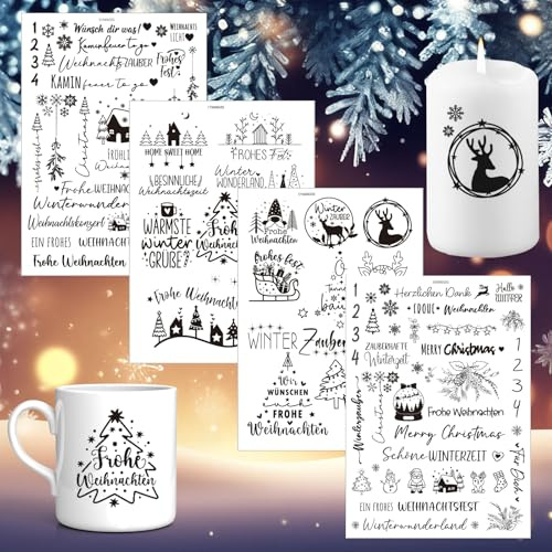 SUBRINGE 4 Kerzentattoo Folie, Wasserschiebefolie für Kerzen, Tasse, Keramik, Glas DIY Dekoration, Weihnachtsmotive (Tannenbaum, Schneeflocken, Rentier), Geschenkidee für Festtag, Home Decor