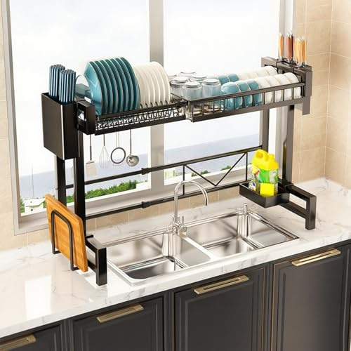 ZUGIATP Scolapiatti Regolabile sopra Il Lavandino Scolapiatti A 2 Ripiani in Acciaio Inox Ripiano Espandibile per Forniture da Cucina Ripiano Portautensili da Appoggio(Single Layer)